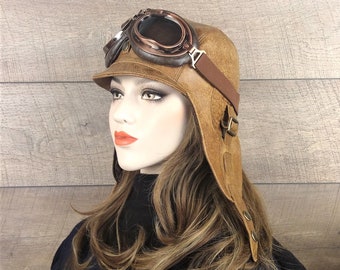 Casque aviateur en cuir de couleur tan, chapeau pour décapotable, pilote steampunk, pour homme et femme, Modèle Simon, CA4