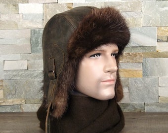 Fur Hat for Men, Real Beaver Fur Aviator Hat, Ushanka, Real Brown Leather, Recycled Beaver Fur, Simon Model, CA53
