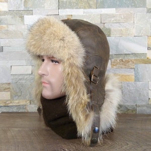 Herren Coyote Pelz Aviator Hut, Ushanka, aus echtem braunem Leder und recyceltem Coyote Pelz, Simon Model, CA55 Bild 1