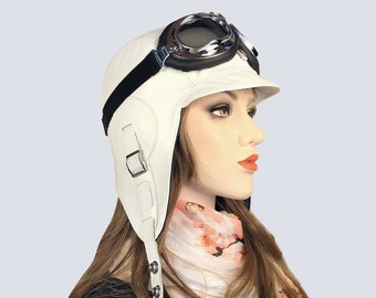 Chapeau aviateur cuir blanc pour femme, casque cuir pilote steampunk, bonnet avec ou sans lunettes d'aviation, Simon Model, CA10