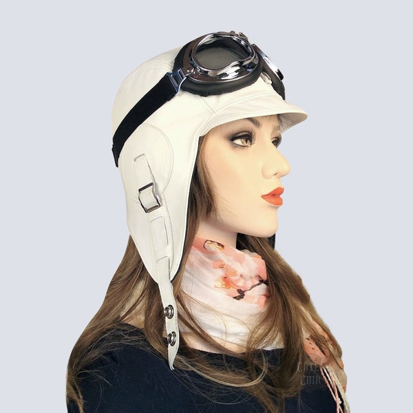 Chapeau aviateur cuir blanc pour femme, casque cuir pilote steampunk, bonnet avec ou sans lunettes d'aviation, Simon Model, CA10