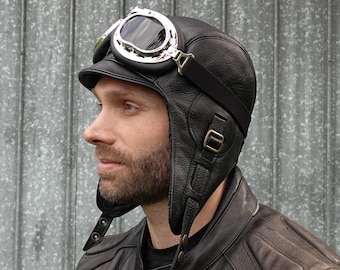 Chapeau aviateur en cuir, casque cuir, chapeau style pilote aviation ou steampunk en cuir noir, avec ou sans lunettes, Modèle Simon, CA1