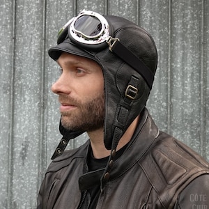 Leather Aviator Hat, Black Motorcycle Helmet Pilot Cap, Convertible Driving, Steampunk Hat, Aviation Goggles, Men, Simon Model, CA1
