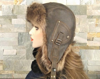 Fur Aviator Hat for Women, Real Fur Ushanka, Trapper Hat, Bomber Cap, Genuine Brown Leather, Real recycled Raccoon Fur, Antoine Model CA35