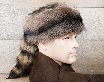 Davy Crockett Hat, Daniel Boone Bontmuts, Echte Coonskin Hoed met echte staart, Gerecycled wasbeerbont