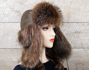 Bonttrapperhoed voor dames, echt wasbeerbont met bruin leer, Ushanka-hoed, echt gerecycled wasbeerbont, Trapper-model, CT96