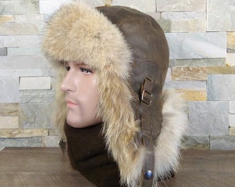 Men's Coyote Fur Aviator Hat, Ushanka, Made With Real Brown Leather and Recycled Coyote Fur, Simon Model, CA55