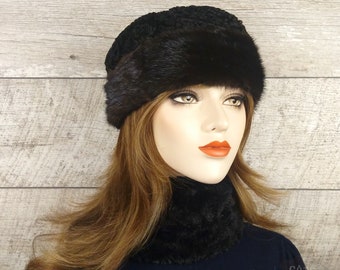 Women's Black Fur Hat and Persian Shearling, Bob/Cloche Style Fur Hat, Real Recycled Mink Fur and Recycled Persian Sheepskin, CR100