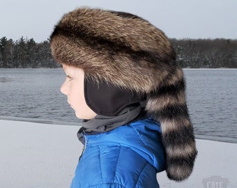 Chapeau Davy Crockett vrai fourrure pour enfant avec queue véritable, fourrure recyclée en raton laveur (chat sauvage), chapeau Daniel Boone