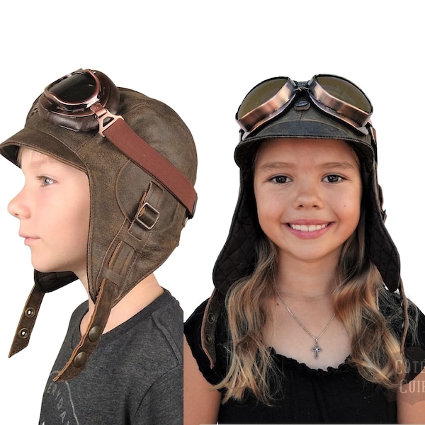 Chapeau aviateur pour enfant avec ou sans lunettes d'aviation, cuir brun véritable, costume pilote, pour garçon et fille, Modèle Simon, CA2