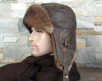 Sombrero de aviador de piel real para hombre, sombrero de cazador de piel de rata almizclera, Ushanska, gorra de bombardero, cuero real, color antiguo, piel de almizcle reciclada, CA62