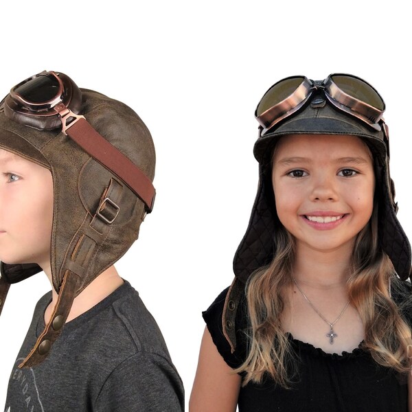 Kids Aviator Hat and Goggles, Pilot Helmet, Real Brown Leather, Steampunk Cap for Children, for boy and girl, Simon Model, CA2