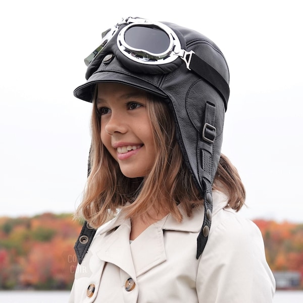 Chapeau aviateur pour enfant, costume pilote ou steampunk, lunettes d'aviation, véritable cuir noir, pour garçon et fille, Modèle Simon, CA1