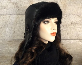 Black Fur Aviator Hat, Genuine Leather, Fur Trapper Hat, Black Recycled Mink Fur, For Women, Simon Model, CA67