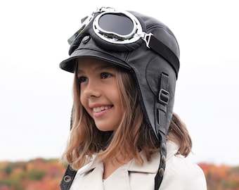 Kids Aviator Hat, Pilot Cap Costume With or Without Goggles, Steampunk Hat, for Children, Real Black Leather, Boy and Girl, Simon Model, CA1