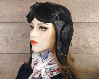 Casque aviateur en cuir, chapeau pilote style militaire WW2 ou steampunk, lunettes, cuir noir, homme/femme, Modèle William sans visière CA9