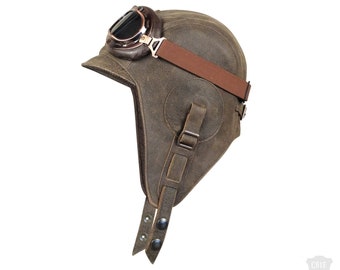 Chapeau aviateur cuir brun ancien, bonnet et lunettes pour décapotable, casque pilote en cuir véritable, pour homme/femme, Modèle Simon CA02