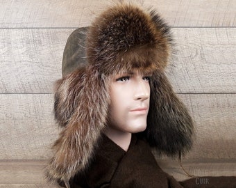 Sombrero de cazador de piel real para hombre, piel de mapache y cuero marrón, Ushanka, piel de mapache reciclada, modelo trampero, CT96