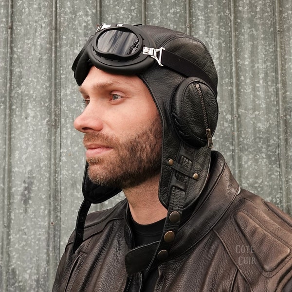 Casque aviateur en cuir noir, style pilote militaire WW2 ou steampunk, lunettes, homme/femme, modèle William sans visière CA9