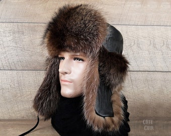 Men's Fur Trapper Hat, Real Raccoon Fur and Black Leather, Ushanka, Recycled Raccoon Fur, Trapper Model, CT99