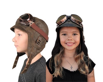 Chapeau aviateur pour enfant avec ou sans lunettes d'aviation, cuir brun véritable, costume pilote, pour garçon et fille, Modèle Simon, CA2