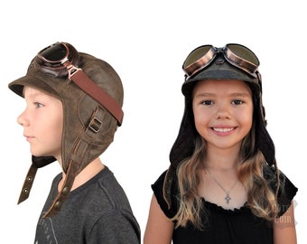 Kids Aviator Hat and Goggles, Pilot Helmet, Real Brown Leather, Steampunk Cap for Children, for boy and girl, Simon Model, CA2