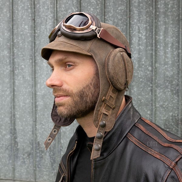 Chapeau aviateur cuir brun ancien, casque pilote steampunk militaire WW2, avec ou sans lunettes d'aviation, homme/femme, Modèle William CA8