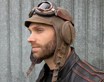 Chapeau aviateur cuir brun ancien, casque pilote steampunk militaire WW2, avec ou sans lunettes d'aviation, homme/femme, Modèle William CA8