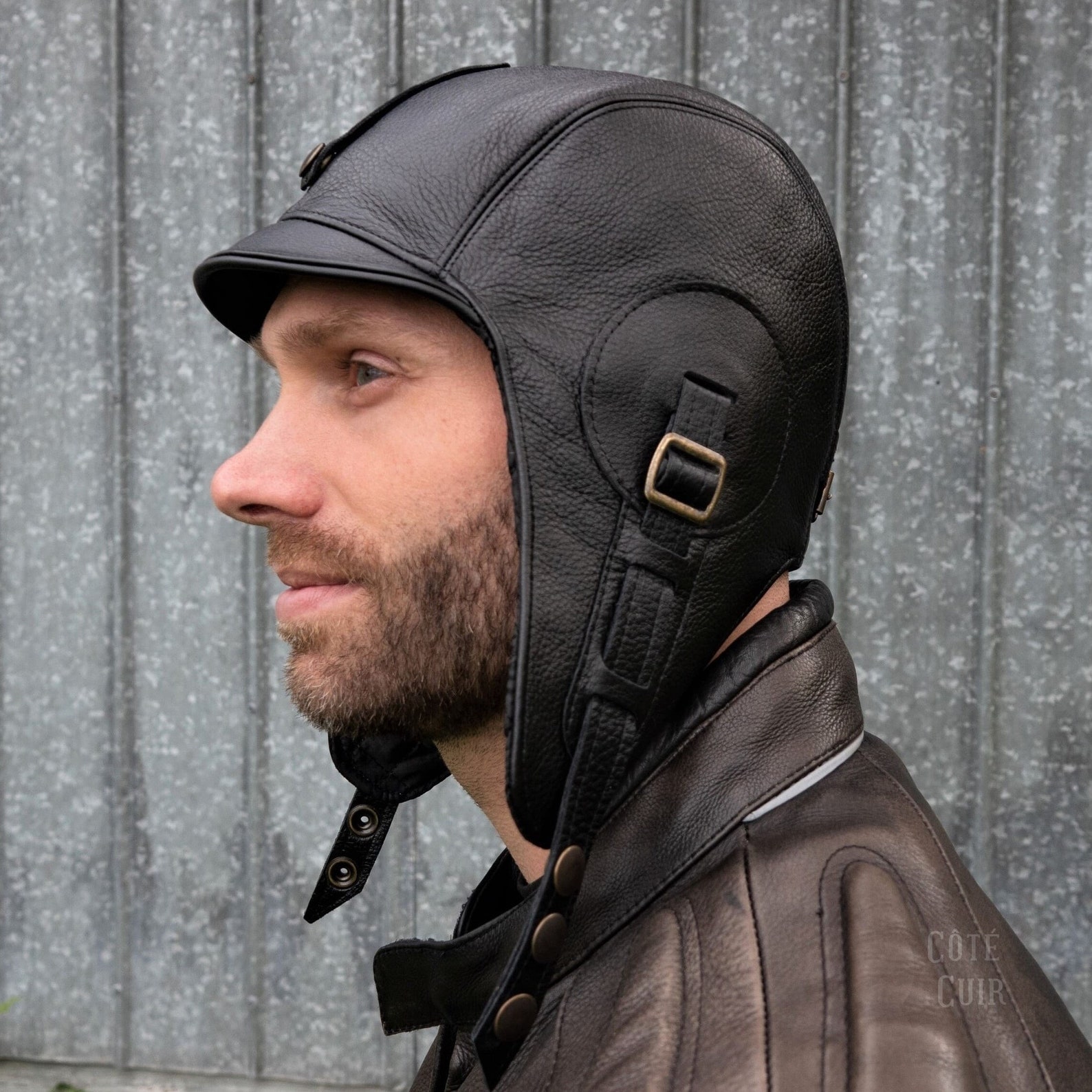 Leather Aviator Hat Black Motorcycle Helmet Pilot Cap Etsy