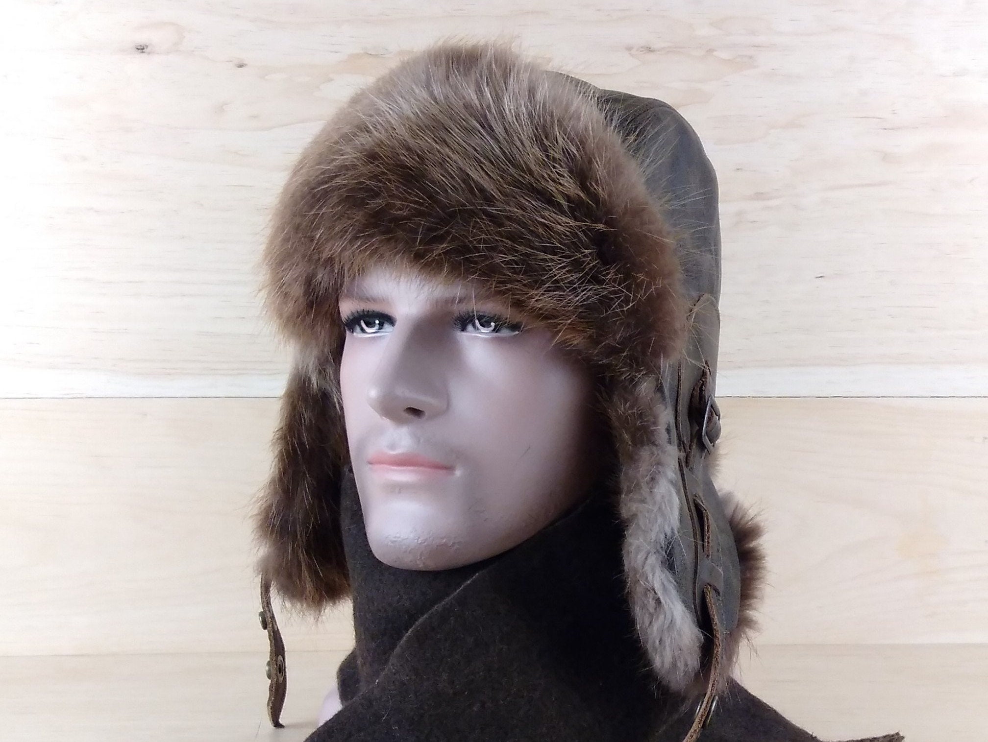 Aviator Hat Winter, Beaver fur hat, Ushanka, Real Leather Old Brown ...
