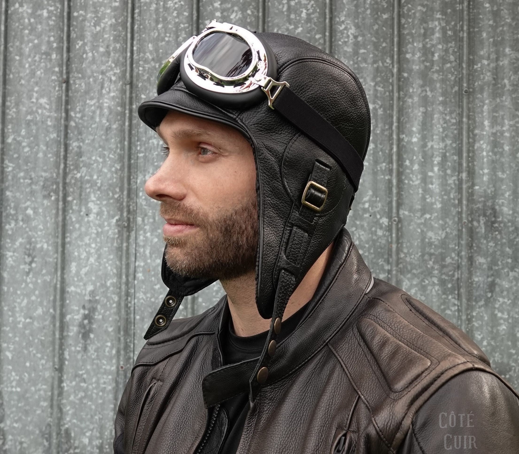 Fuld Funktionsfejl Højde Leather Aviator Hat Black Motorcycle Helmet Pilot Cap - Etsy