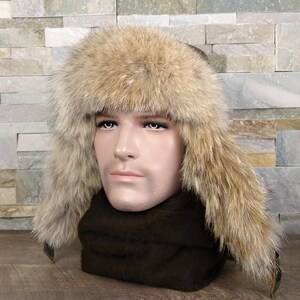 Herren Coyote Pelz Aviator Hut, Ushanka, aus echtem braunem Leder und recyceltem Coyote Pelz, Simon Model, CA55 Bild 2