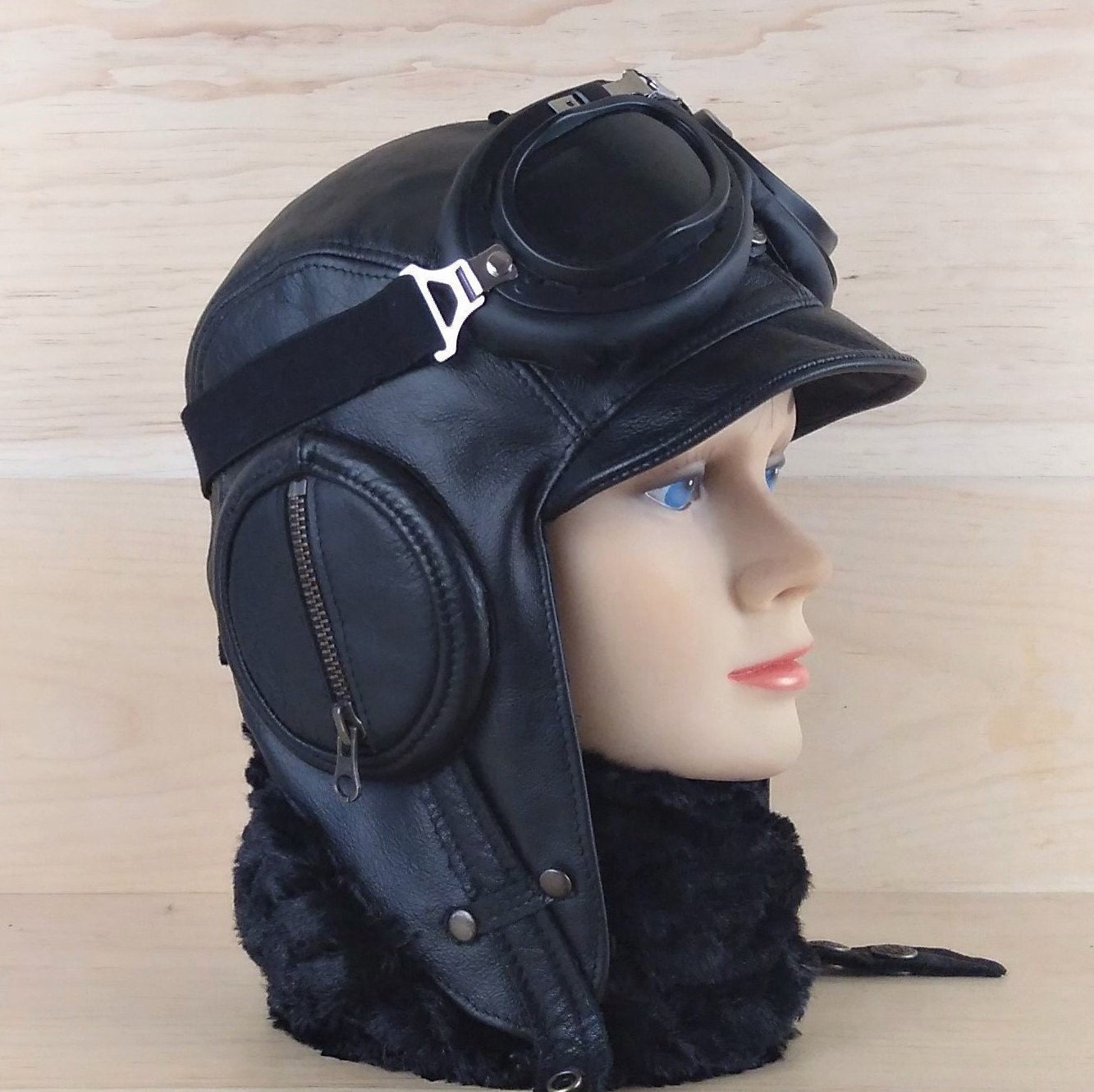Leather Aviator Hat and goggles, Pilot Cap, WW2 Military ...