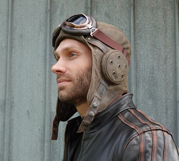 Aviator Hat for Headphones, Leather Helmet, WW2 Pilot Cap, Goggles