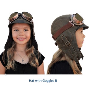 Kids Aviator Hat and Goggles, Pilot Helmet, Real Brown Leather, Steampunk Cap for Children, for boy and girl, Simon Model, CA2 Hat with Goggles B