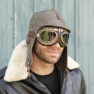 Aviator Hat and Goggles, Leather Pilot Helmet, Convertible Driving, Motorcycle, Flying Cap, Men/Women, Antique Leather, Simon Model, CA02 image 4