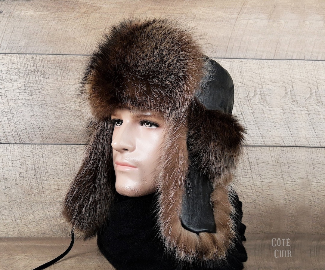 Men's Fur Trapper Hat, Real Raccoon Fur and Black Leather, Ushanka