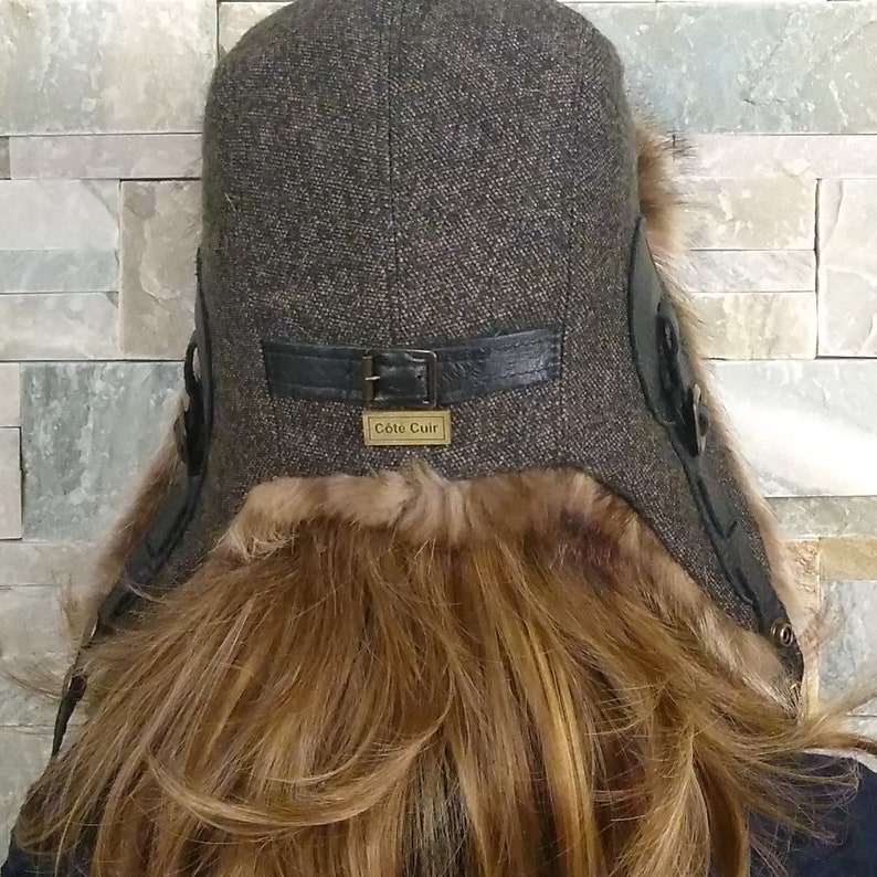Ushanka Women/'s fur trapper hat with Tweed English style recycled raccoon fur CA45 winter aviator cap