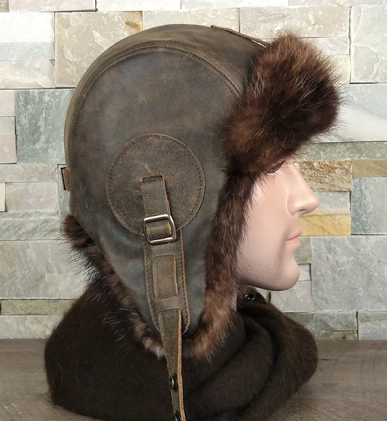Fur Hat for Men, Real Beaver Fur Aviator Hat, Ushanka, Real Brown Leather, Recycled Beaver Fur, Simon Model, CA53 image 5