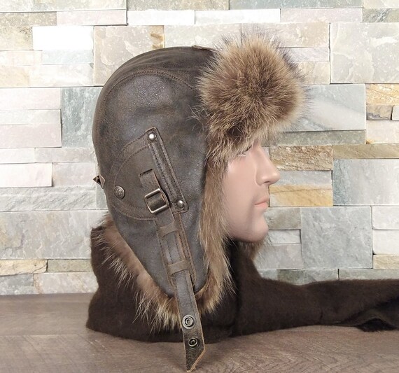 Fur Aviator Hat for Men Real Raccoon 