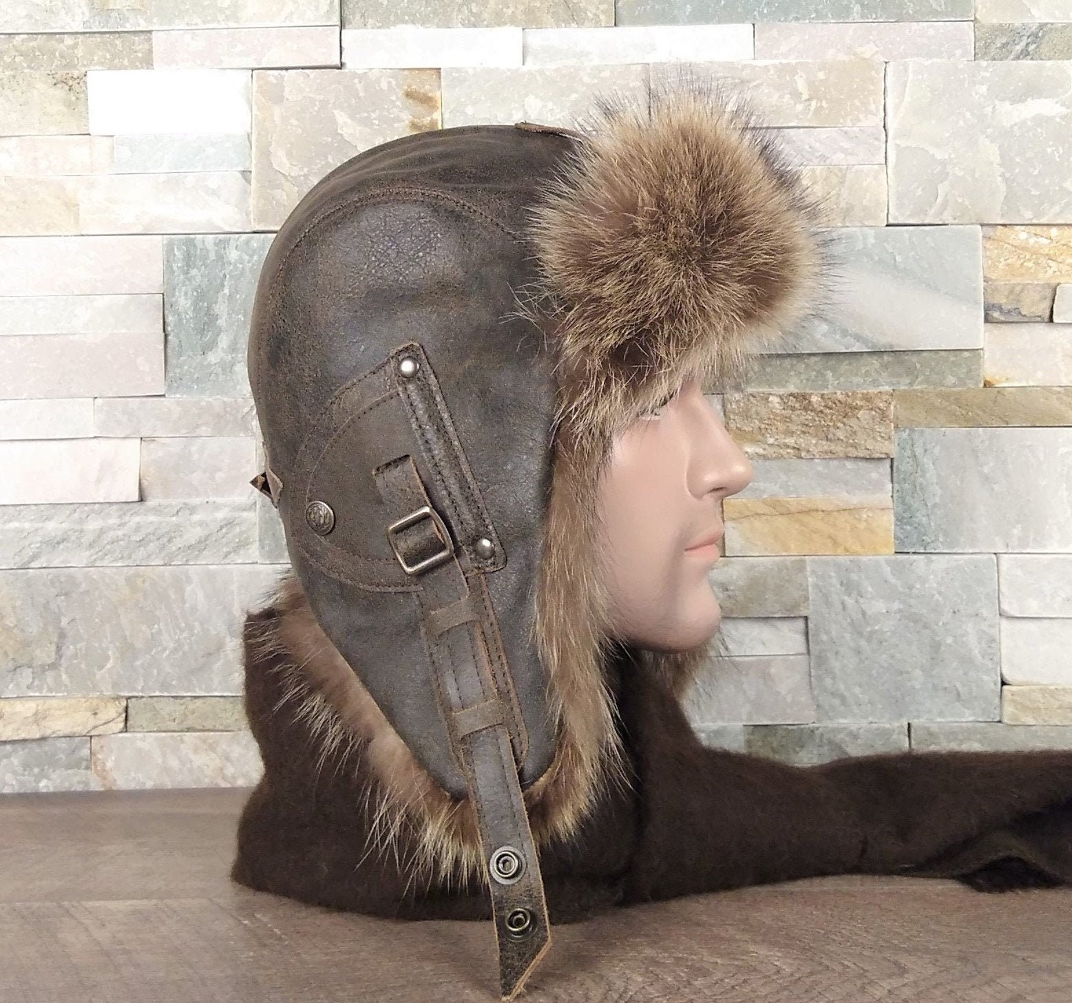 Men's Hat Bomber Trapper Sheepskin Aviator Ushanka Winter Fur Shearling, 56 - 57 cm / Brown