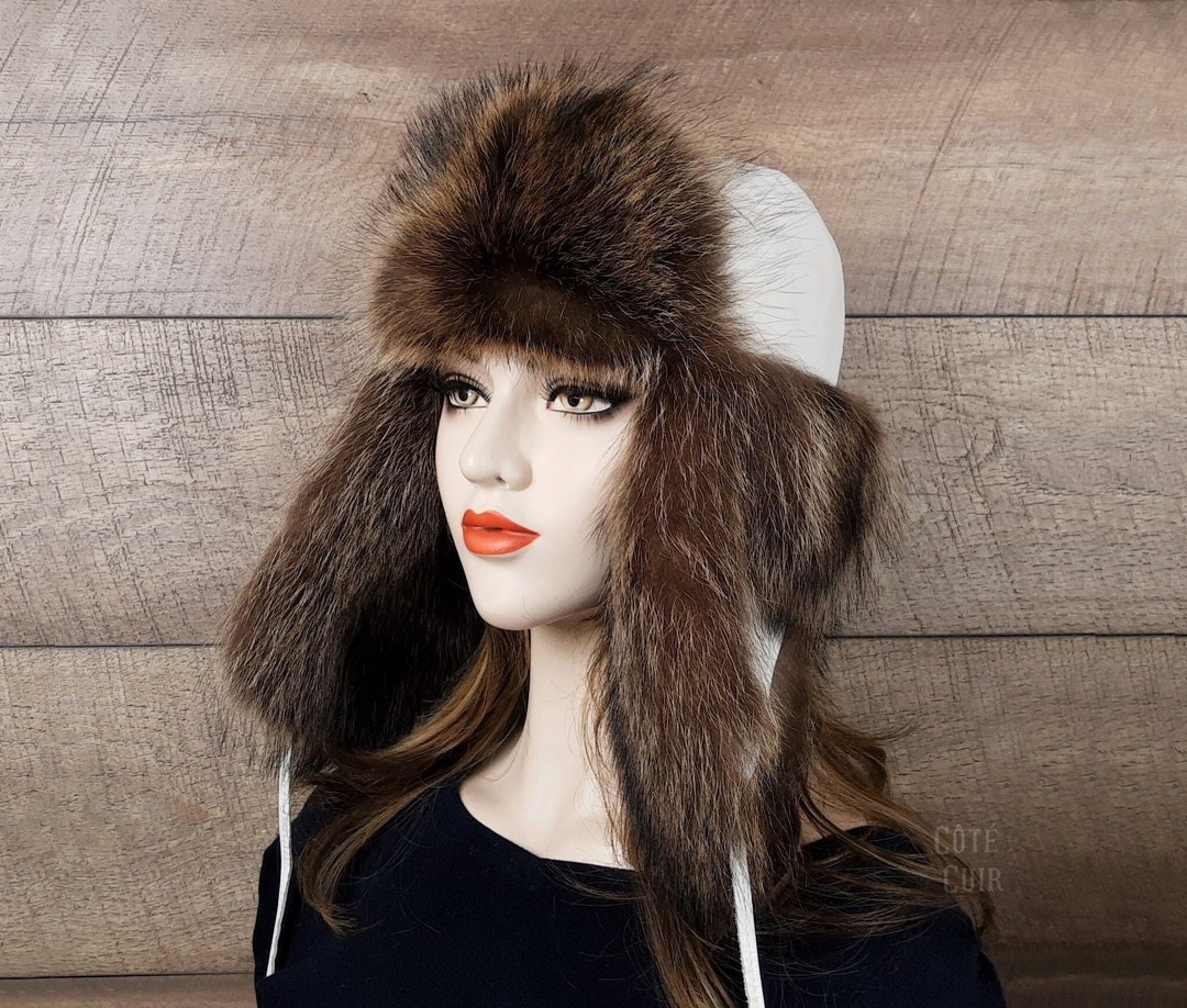 Women's Fur Trapper Hat, White Leather, Real Fur, Genuine Leather and