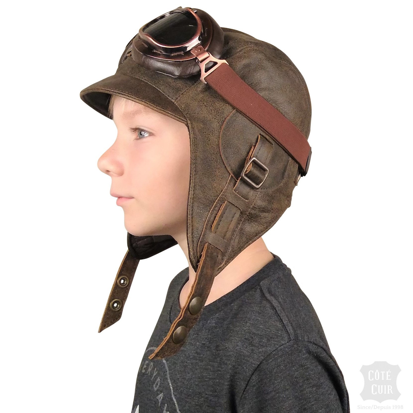 Kids Aviator Hat and Goggles, Pilot Helmet, Real Brown Leather
