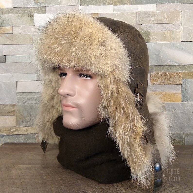 Herren Coyote Pelz Aviator Hut, Ushanka, aus echtem braunem Leder und recyceltem Coyote Pelz, Simon Model, CA55 Bild 6