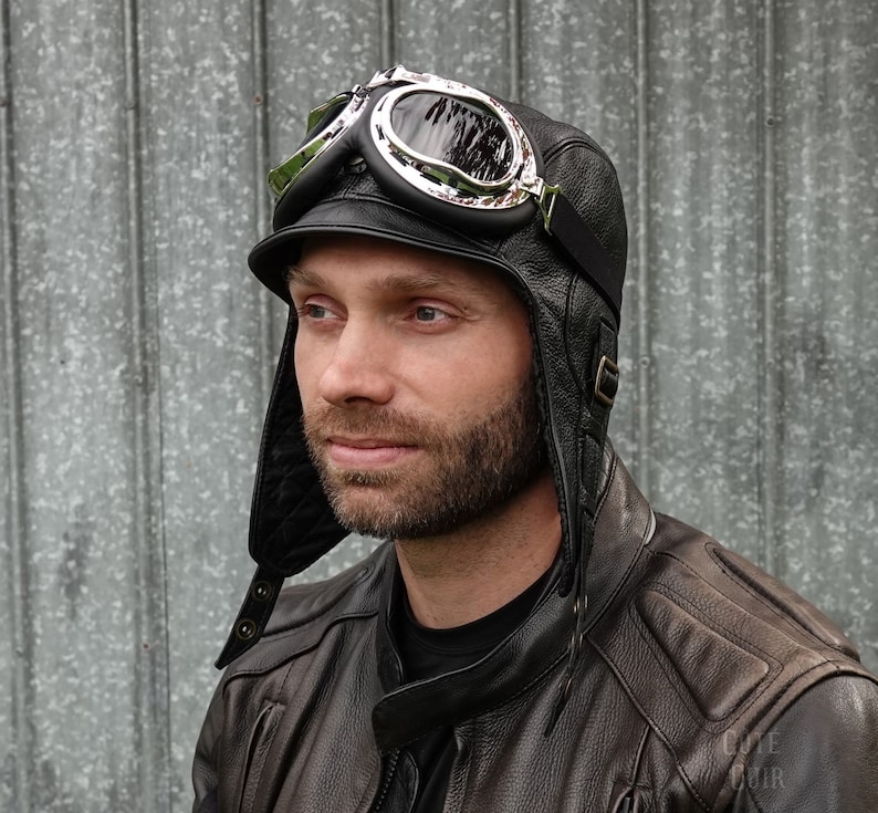 Leather Aviator Hat Black Motorcycle Helmet Pilot Cap Etsy