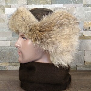 Herren Coyote Pelz Aviator Hut, Ushanka, aus echtem braunem Leder und recyceltem Coyote Pelz, Simon Model, CA55 Bild 7