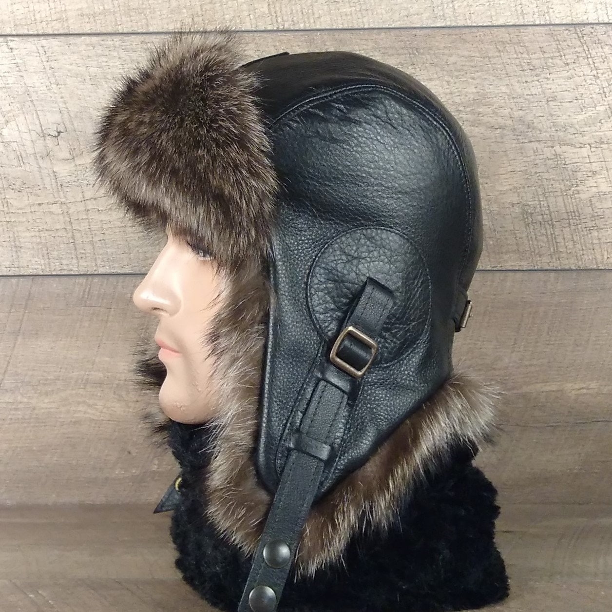 Leather hat with fur hotsell