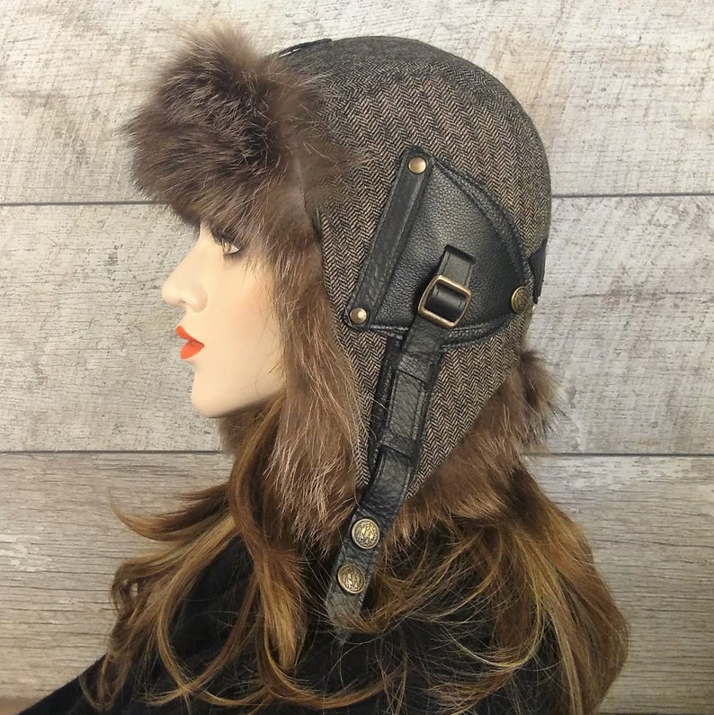 Women/'s Ushanka Hat fur Aviator Cap Tweed Recycled Raccoon Fur Antoine Model CA48