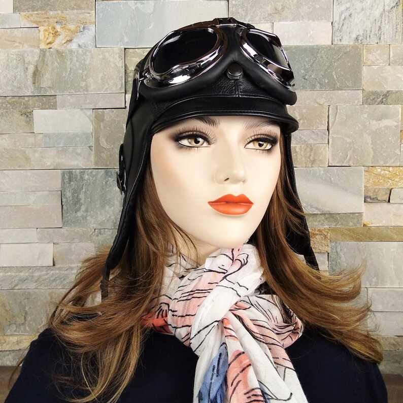 Leather Aviator Hat for Women Black Helmet Convertible Etsy