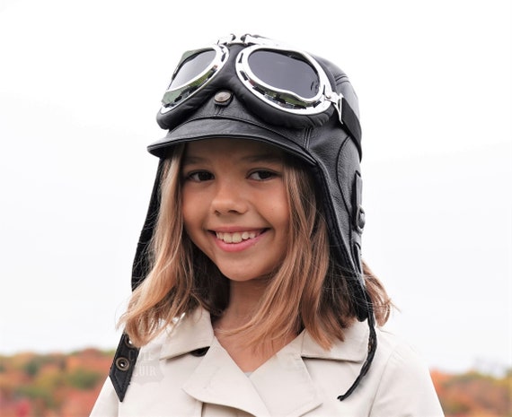 Kinder Fliegerhut, Pilotenkappe Kostüm mit oder ohne Brille, Steampunk Hut,  für Kinder, Echtes Schwarzes Leder, Junge und Mädchen, Simon Model, CA1 -  .de